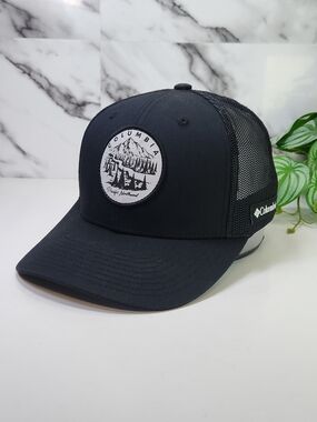 Columbia Black Trucker Hat with Mountain Patch.